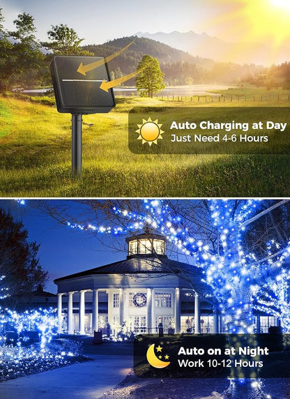 Minetom Solar Christmas Lights Outdoor Waterproof, 2Pack Total 80FT 200 LED | Solar Christmas Outdoor Decoration with 8 Modes, Solar String Lights for Outside House Tree Yard Garden, Blue & Pure White