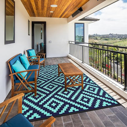 GENIMO Outdoor Rug, Waterproof Plastic Rugs for Patio, 6'x9' Blue Green | Outside Larger Modern Carpet Mat for Porch Decor, Deck, Balcony, Camping, RV, Backyard, Picnic, Beach, Reversible, Foldable