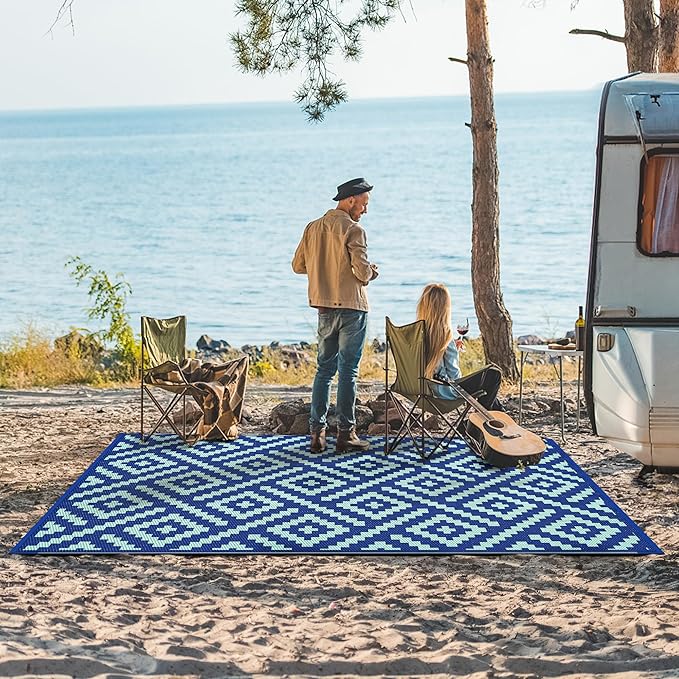 GENIMO Outdoor Rug, Waterproof Plastic Rugs for Patio, 6'x9' Royal Blue | Outside Larger Modern Carpet Mat for Porch Decor, Deck, Balcony, Camping, RV, Backyard, Picnic, Beach, Reversible, Foldable