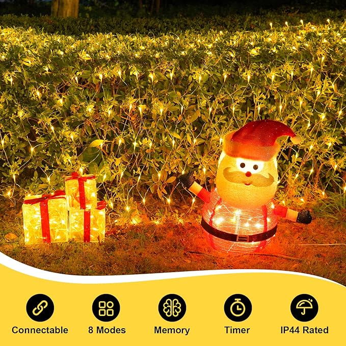 QITONG Net Lights Outdoor Mesh Lights, 12ft x 5ft 360 LED Warm White Christmas Light with 8 Modes, Connectable Clear Wire Bush Light Plug in