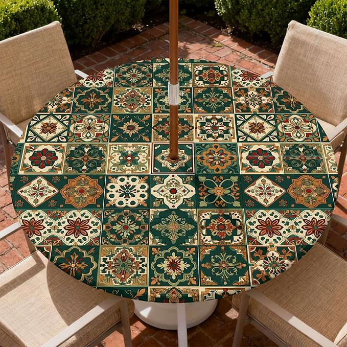 Outdoor Tablecloth with Umbrella Hole and Zipper Fits 45-48" Tables | Waterproof Round Fitted Tablecloth with Elastic Edge, Wipeable Outdoor Table Cover for Patio, Garden, Picnic