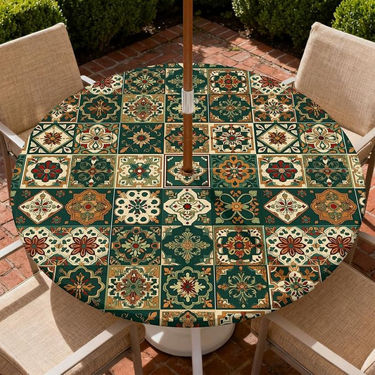 Outdoor Tablecloth with Umbrella Hole and Zipper Fits 45-48" Tables | Waterproof Round Fitted Tablecloth with Elastic Edge, Wipeable Outdoor Table Cover for Patio, Garden, Picnic