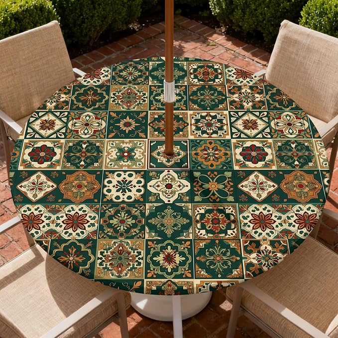 Outdoor Tablecloth with Umbrella Hole and Zipper Fits 37-44" Tables | Waterproof Round Fitted Tablecloth with Elastic Edge, Wipeable Outdoor Table Cover for Patio, Garden, Picnic