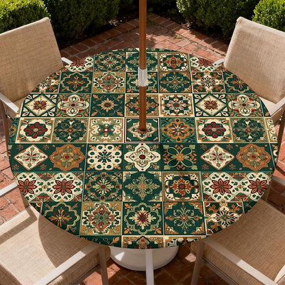 Outdoor Tablecloth with Umbrella Hole and Zipper Fits 49-52" Tables | Waterproof Round Fitted Tablecloth with Elastic Edge, Wipeable Outdoor Table Cover for Patio, Garden, Picnic