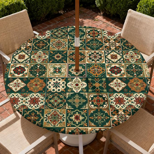Outdoor Tablecloth with Umbrella Hole and Zipper Fits 49-52" Tables | Waterproof Round Fitted Tablecloth with Elastic Edge, Wipeable Outdoor Table Cover for Patio, Garden, Picnic