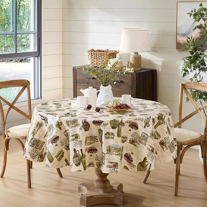 Newbridge 70 Inch Round Vinyl Tablecloth with Flannel Backing, Lucca Olive Oil Print, Indoor Outdoor Waterproof Table Cover, Picnic, Barbeque, Patio and Kitchen Dining, Tuscan Countryside