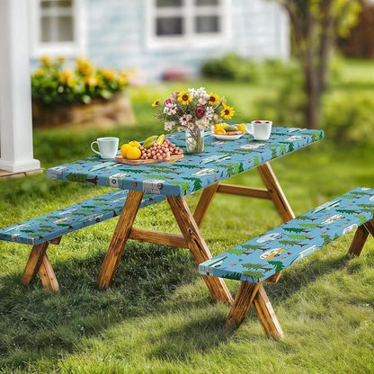 JAWO Picnic Table Cover with Bench Covers Elastic Edges, Camper Rv Fitted Table Cover, Outdoor Patio Camping Essentials, Waterproof Camping Fitted Tablecloth with Drawstring Bag, 30x96in