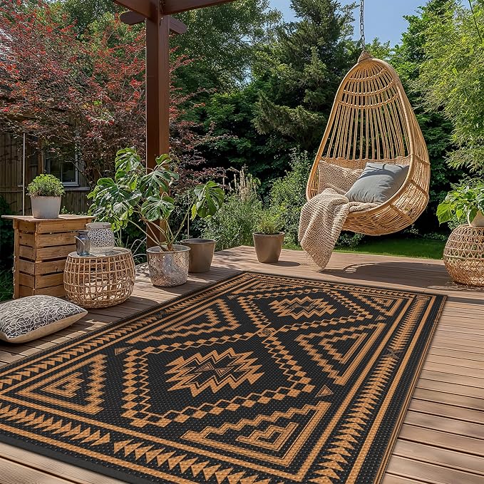 GENIMO Outdoor Rug, Waterproof Plastic Rugs for Patio, 6'x9' Onyx Orange | Outside Larger Modern Carpet Mat for Porch Decor, Deck, Balcony, Camping, RV, Backyard, Picnic, Beach, Reversible, Foldable