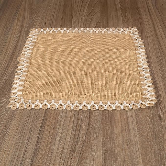 Hausattire Jute Burlap Placemat 13x19 Inches - Natural, Lace Design Edges Table Mats for Bar Table Indoor Outdoor Rustic Easter Farmhouse Kitchen Coffee Dinner Table Decor Mats - Set of 4