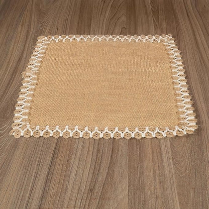 Hausattire Jute Burlap Placemat 13x19 Inches - Natural, Lace Design Edges Table Mats for Bar Table Indoor Outdoor Rustic Easter Farmhouse Kitchen Coffee Dinner Table Decor Mats - Set of 4