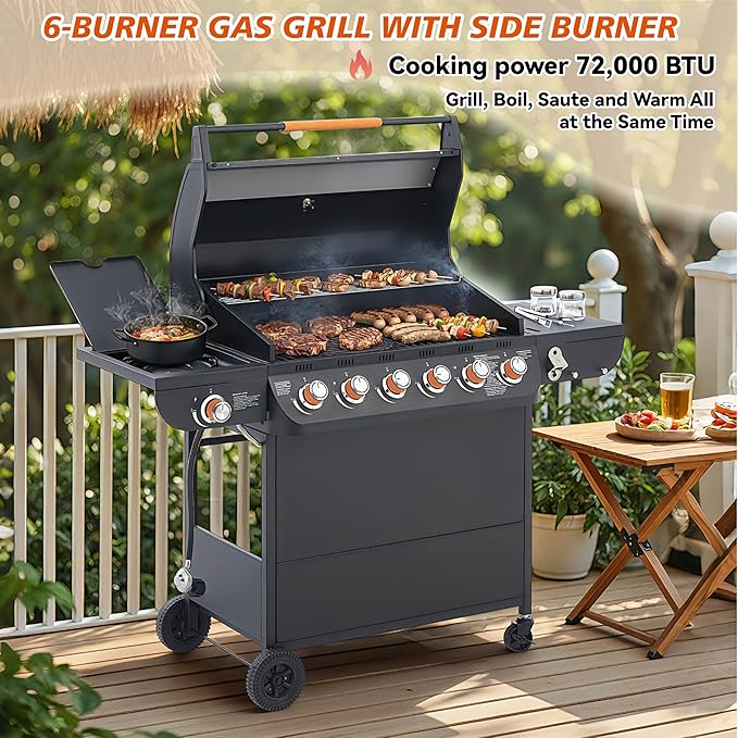Outdoor Gas Grill with 6 Burners & Side Burner 59000 BTU Stainless Steel BBQ Grill Enamel-Coated Grates Side Tables for Backyard Patio Cooking Charcoal Grills & Smokers,A2