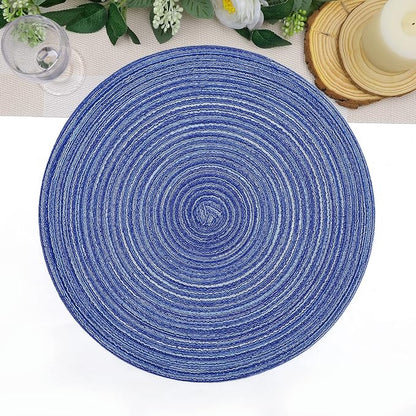 SHACOS Round Braided Placemats 15 inch Set of 4 Washable Cotton Polyester Braided Kitchen Table Placemats for Home Wedding Party (Blue White, 4)