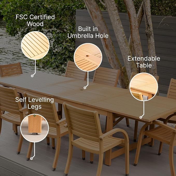 Amazonia Jefferson 13-Piece Patio Extendable Dining Table Set | Teak Finish & Light Grey Wicker Chairs with Cushion | Ideal for Outdoors and Indoors