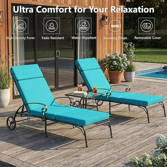 80 x 26 Inch Outdoor Chaise Lounge Cushions Set of 2 - Removable Cover, 4-Section Design, Water-Repellent & Fade-Resistant, 6 Tie Straps, Replacement for Patio & Pool Chairs - Teal