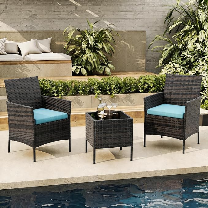 3-Piece Outdoor Furniture Set, PE Rattan Wicker Chairs with Soft Cushions & Tempered Glass Coffee Table - All-Weather Patio Set for Garden, Backyard, Porch, Poolside (Brown/Dark Blue)