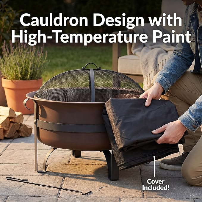 Sunnydaze Cauldron Wood-Burning Outdoor Fire Pit for Patio and Backyard - Round Steel Outside Firepit Bowl with Cover, Removable Ash Pan, Spark Screen, and Poker Tool - Dark Bronze - 29"