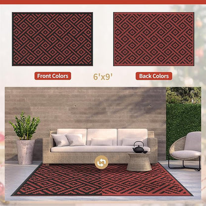 GENIMO Outdoor Rug, Waterproof Plastic Rugs for Patio, 6'x9' Red Grey | Outside Larger Modern Carpet Mat for Porch Decor, Deck, Balcony, Camping, RV, Backyard, Picnic, Beach, Reversible, Foldable