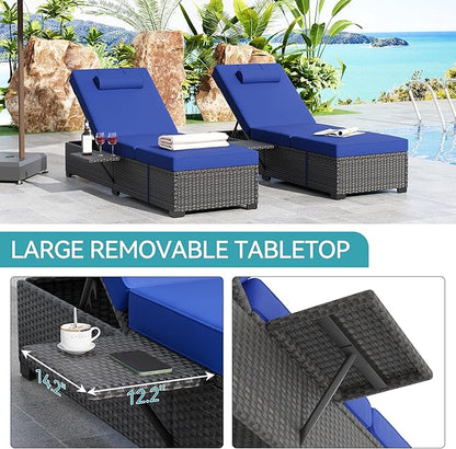 GAOMON Outdoor PE Wicker Chaise Lounge Chairs Set of 2 Patio Brown Rattan Reclining Chair Adjustable Backrest Pool Sunbathing Recliners with Cushion Cover, Navy