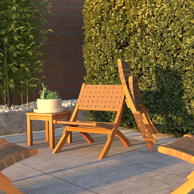 64098 Sava Indoor Outdoor Folding Chair Low Slung Portable Seating Solid Acacia Wood Woven Seat & Back Indoors Porch Lawn Garden Fishing Sporting - Brown Webbing