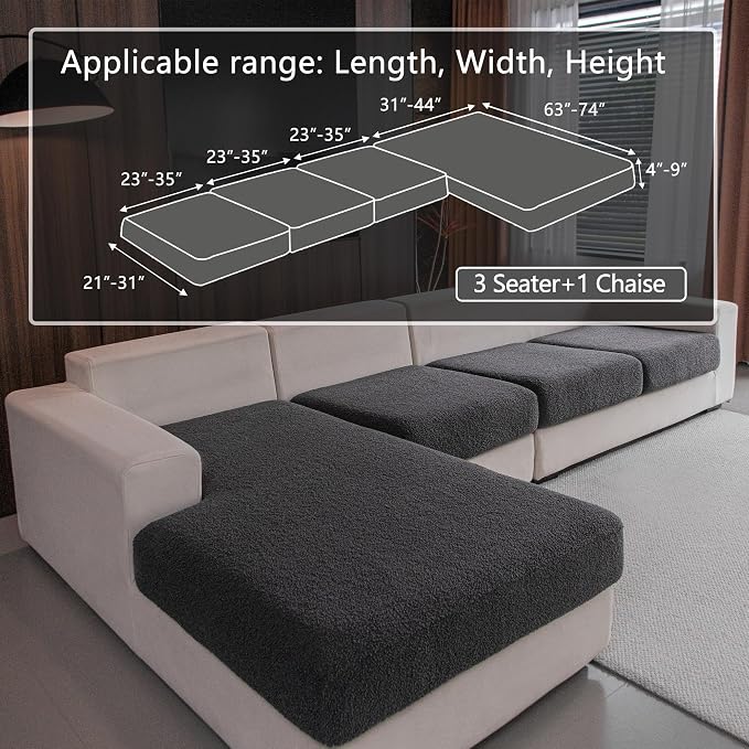OHSIO Couch Cushion Covers for Sectional Sofa, Stretch Soft Sofa Slipcovers Washable Wear-Resistant Universal Furniture Protector for Living Room(3 Seaters Covers+1 Chaise Cover, Dark Gray)