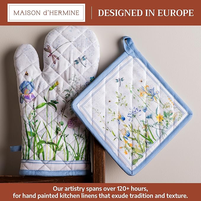 Maison d' Hermine 100% Cotton Oven Mitt & Pot Holder Set (7.5"x13" & 8"x8") Heat Resistant BBQ Cooking Gloves with Loop Baking Grilling Kitchen Hotel Home Farmhouse Spring Summer (Fleurs De Mai)