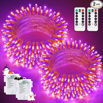 JMEXSUSS 2 Pack Orange Purple Battery Operated Halloween Lights | Each 33ft 100 LED Battery Powered String Lights with Remote Outdoor Indoor
