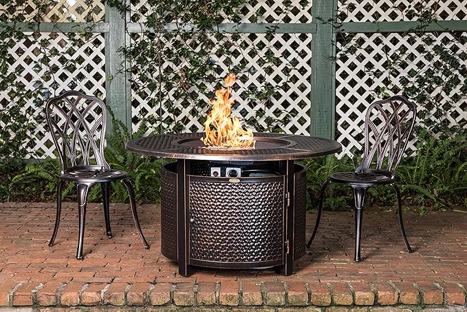 Fire Sense 62360 Briarwood Hammered Aluminum Convertible Gas Fire Pit Table 55,000 BTU Multi-Functional Outdoor with Fire Bowl Lid, Nylon Weather Cover & Clear Fire Glass- Bronze Finish - Round - 44"