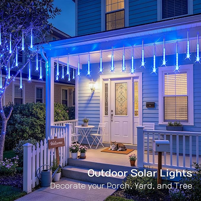 JMEXSUSS Solar Lights for Outdoor Decor, 8 Tube 144 LEDs Solar Meteor Shower Lights Outdoor, Hanging Blue Christmas Lights for Tree Yard Icicle Garden Patio Gazebo Eaves Front Porch Decor