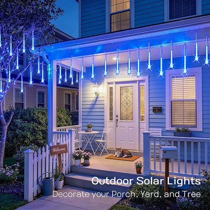 JMEXSUSS Solar Lights for Outdoor Decor, 8 Tube 144 LEDs Solar Meteor Shower Lights Outdoor, Hanging Blue Christmas Lights for Tree Yard Icicle Garden Patio Gazebo Eaves Front Porch Decor