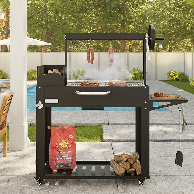 KoolMore 54 in. Charcoal BBQ Grill, Santa Maria Argentine Style Outdoor Grill with Adjustable Grate, Large Barbecue Grill for Outdoor Cooking, Black