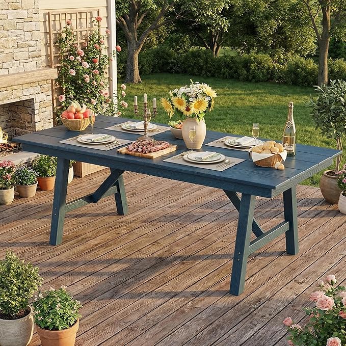 Garvee Outdoor Patio Dining Table for 4-6, 66.9" Long HDPE Garden Dining Table with Umbrella Hole, Aluminum Frame, Triangular Legs, Waterproof, All-Weather for Backyard, Poolside, Navy Blue