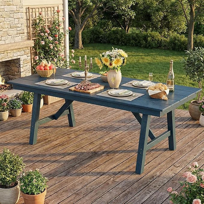 Garvee Outdoor Patio Dining Table for 4-6, 66.9" Long HDPE Garden Dining Table with Umbrella Hole, Aluminum Frame, Triangular Legs, Waterproof, All-Weather for Backyard, Poolside, Navy Blue