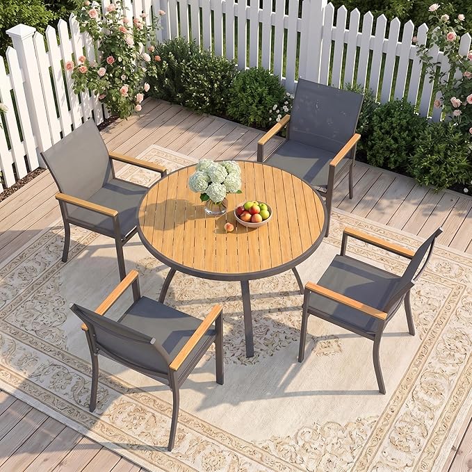 Aluminum Outdoor Table for All-Weather, 35.4" Patio Tables with Heavy Duty HDPS Round Tabletop, Outside Table with Quick-Drying Slatted Design for Porch, Patio, Garden, Deck, Poolside, Backyard