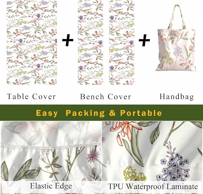 Fitted Picnic Table Cover with Bench Covers Elastic Waterproof Oil-Proof VintageTablecloths for 6 Foot Rectangle Tables Dining Outdoor Patio Camping Essentials