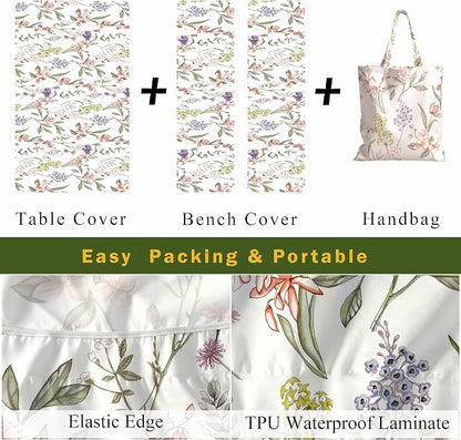 Fitted Picnic Table Cover with Bench Covers Elastic Waterproof Oil-Proof VintageTablecloths for 6 Foot Rectangle Tables Dining Outdoor Patio Camping Essentials