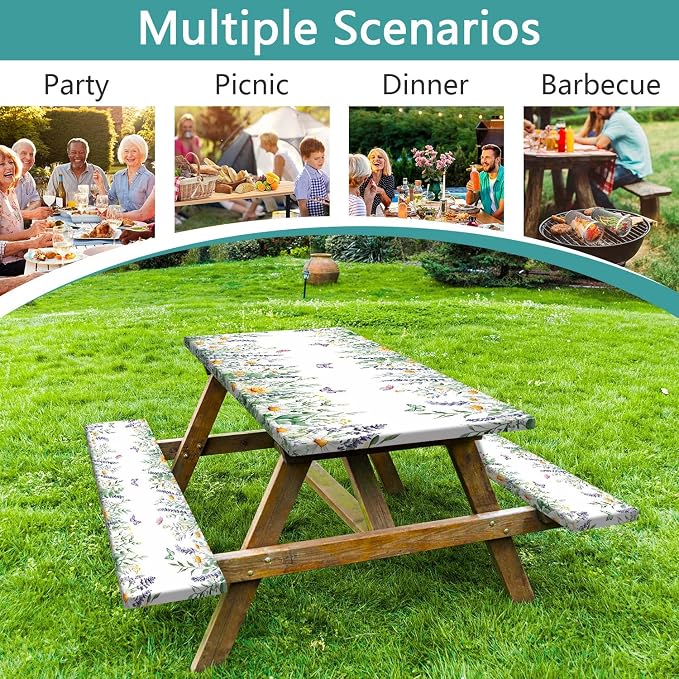 Floral Picnic Table Cover with Bench Covers, Camping Essentials, Leaves Flower Butterfly Waterproof Windproof, Fitted Tablecloth Cover with Elastic Edge, for Indoor, Outdoor, 3 PCS, 30x72 Inch