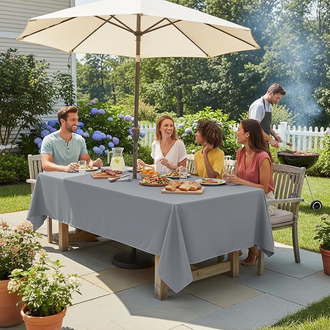 LUSHVIDA Rectangle Outdoor Tablecloth with Umbrella Hole and Zipper, 52x70 Inch Silver, Washable Waterproof Table Cloth Spill Proof Wrinkle Free Table Cover for Patio Spring Summer Picnic BBQS