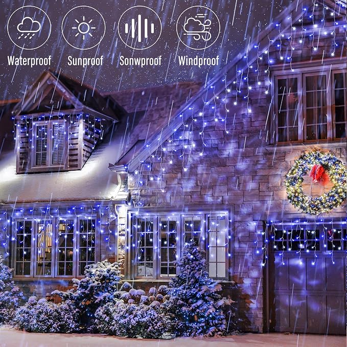 Joomer 66FT Christmas Icicle Lights Outdoor Non-Connectable White & Blue | 100 Drops 8 Modes Timer Waterproof Plug-in String Light for Christmas Party, holiday Eaves Roof Xmas Decorations