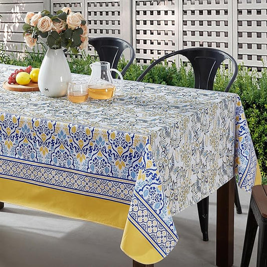 Home Bargains Plus Rectangle Vinyl Tablecloth with Flannel Backing, 60 x 84 Inch, Alluring French Country, Yellow and Blue Floral Vinyl Table Cover, Heavy Weight for Dining Party and Barbecues