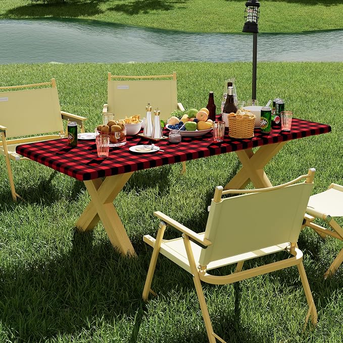 Smiry Picnic Table Cloth 2 Pack, Waterproof Elastic Fitted Tablecloths for 6FT Rectangle Tables, Washable Polyester Buffalo Plaid Tablecloth for Camping, Dining & Christmas(Black & Red, 30" x 72")