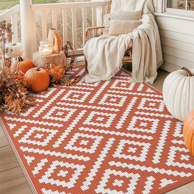 GENIMO Outdoor Rug, Waterproof Plastic Rugs for Patio, 6'x9' Orange White | Outside Larger Modern Carpet Mat for Porch Decor, Deck, Balcony, Camping, RV, Backyard, Picnic, Beach, Reversible, Foldable