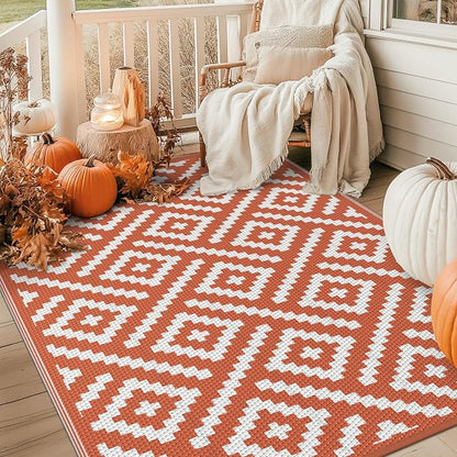 GENIMO Outdoor Rug, Waterproof Plastic Rugs for Patio, 6'x9' Orange White | Outside Larger Modern Carpet Mat for Porch Decor, Deck, Balcony, Camping, RV, Backyard, Picnic, Beach, Reversible, Foldable