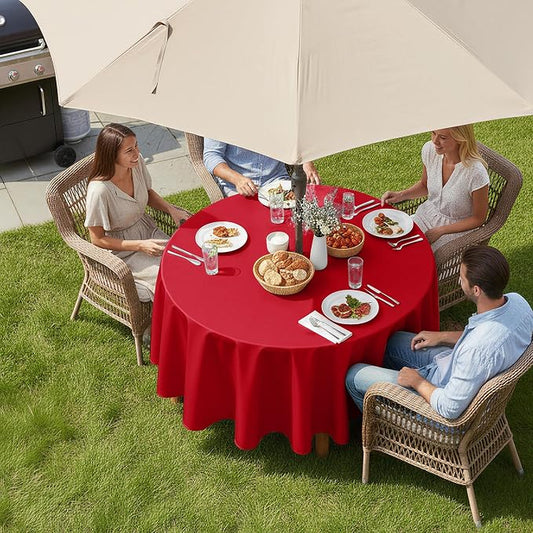 LUSHVIDA Round Outdoor Tablecloth with Umbrella Hole and Zipper, 60 Inch Red, Washable Waterproof Table Cloth Spill Proof Wrinkle Free Table Cover for Patio Spring Summer Picnic BBQS