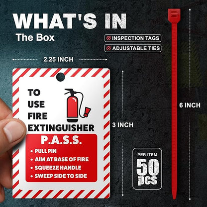 Fire Extinguisher Inspection Tags 2026-2029, Plastic 2.25 x 3 Inch Red for Indoor Outdoor Use, Durable Double-Sided Monthly Record and Pass Instructions, Include Zip Ties, 50 Pack