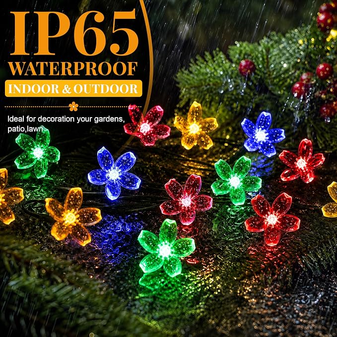 2 Pack 100 LED Solar Flower String Lights, Outdoor Waterproof,Multicolored | Total 33FT Fairy Light, Cherry Blossom Christmas Lights for Garden Yard Fence Patio Christmas Tree Wedding Party Decoration