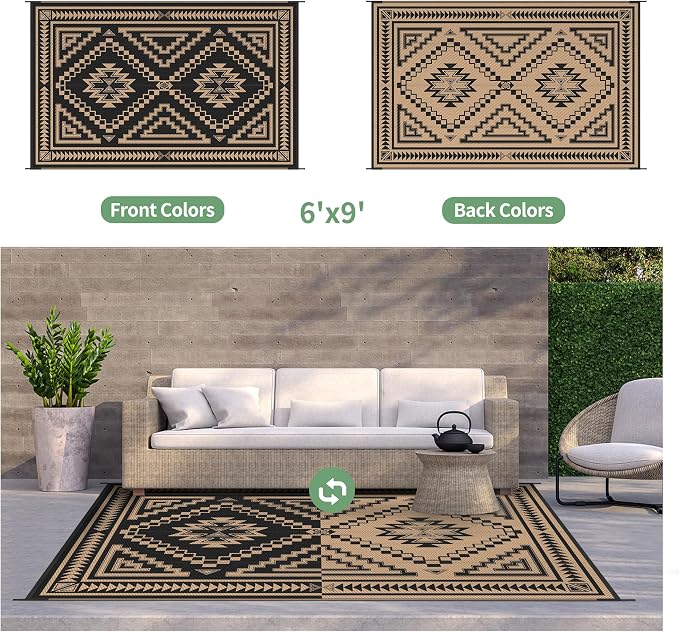 GENIMO Outdoor Rug, Waterproof Plastic Rugs for Patio, 6'x9' Dark Brown | Outside Larger Modern Carpet Mat for Porch Decor, Deck, Balcony, Camping, RV, Backyard, Picnic, Beach, Reversible, Foldable