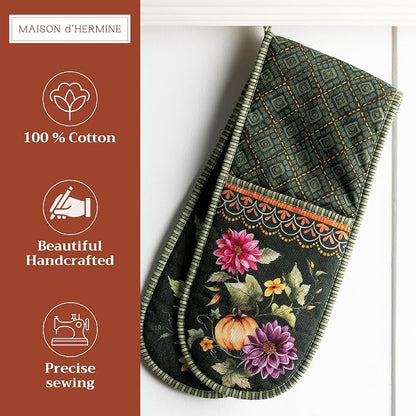 Maison d' Hermine Double Oven Mitts 100% Cotton Double Oven Glove (7"x35") | Heat Resistant BBQ Cooking Gloves with Loop Baking Kitchen Home Farmhouse Thanksgiving Christmas -Pumpkin Garden - Dark Green