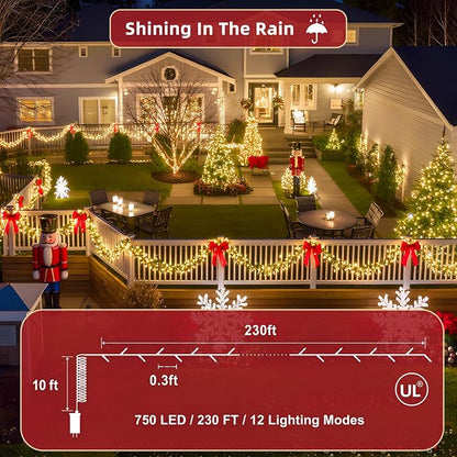 240ft Outdoor Christmas Lights, 750 LED Super Long String Lights 12 Modes & Timer Memory, Dimmable Outsite Waterproof Light Strings for Xmas Tree Garden Wedding Party Holiday Decorations Warm White