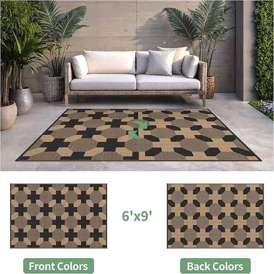 GENIMO Outdoor Rug, Waterproof Plastic Rugs for Patio, 6'x9' Deep Brown | Outside Larger Modern Carpet Mat for Porch Decor, Deck, Balcony, Camping, RV, Backyard, Picnic, Beach, Reversible, Foldable