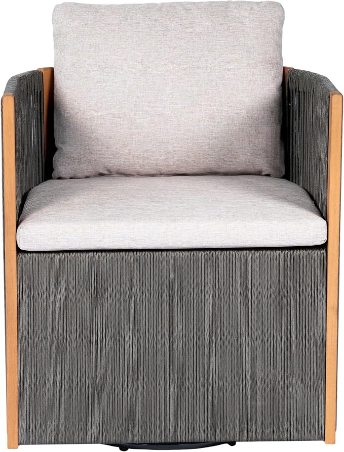 Christopher Knight Home Kato Outdoor Metal & Acacia Wood Frame Swivel Accent Chair with Removable Cushion, 360° Rotating Patio Armchair with Rope Accent, Outdoor Swivel Chair for Garden, Grey